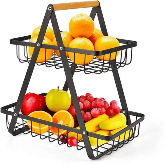 2-Tier Metal Storage Basket Rack with Wooden Handle